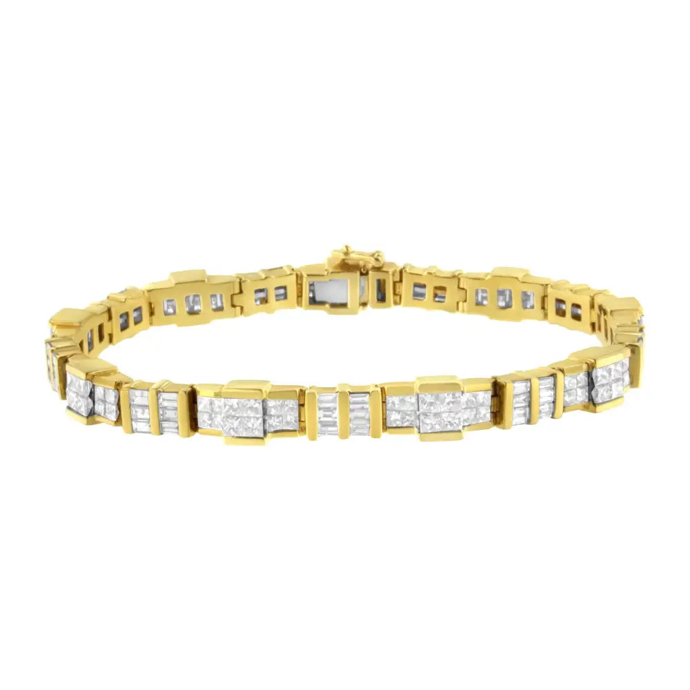 Exquisite 14k Yellow Gold Baguette and Princess-cut Diamond Bracelet