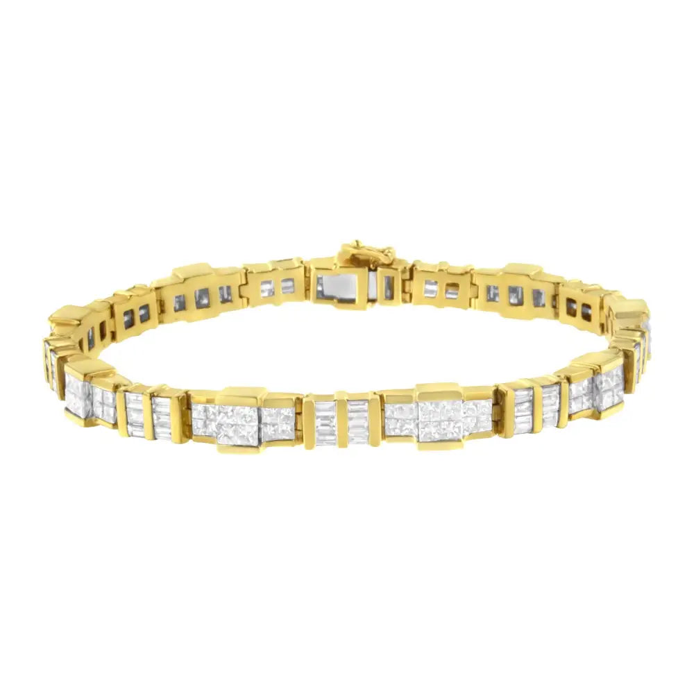 Exquisite 14k Yellow Gold Baguette and Princess-cut Diamond Bracelet