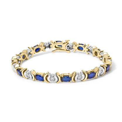 Exquisite 14k Yellow Gold Bracelet with Cttw Alternating Diamond and Oval Blue