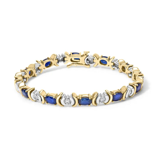 Exquisite 14k Yellow Gold Bracelet with Cttw Alternating Diamond and Oval Blue