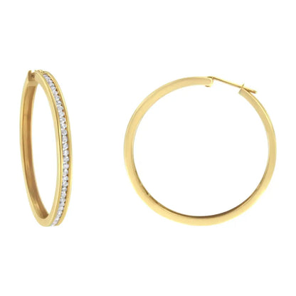 Exquisite 14k Yellow Gold Channel Set Hoop Earrings with Cttw Round Brilliant