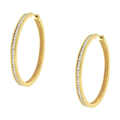 Exquisite 14k Yellow Gold Channel Set Hoop Earrings with Cttw Round Brilliant