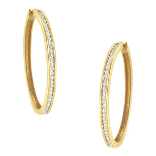 Exquisite 14k Yellow Gold Channel Set Hoop Earrings with Cttw Round Brilliant