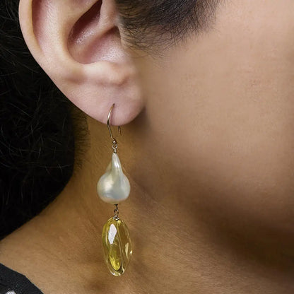 Elegant 14k Yellow Gold Citrine & Baroque Pearl Drop Earrings - 1 3/4 Inch