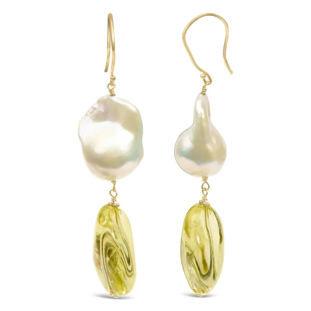 Elegant 14k Yellow Gold Citrine & Baroque Pearl Drop Earrings - 1 3/4 Inch