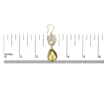 Elegant 14k Yellow Gold Citrine & Baroque Pearl Drop Earrings - 1 3/4 Inch