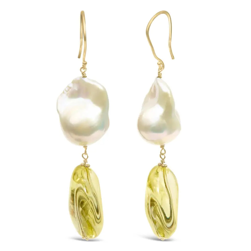 Elegant 14k Yellow Gold Citrine & Baroque Pearl Drop Earrings - 1 3/4 Inch