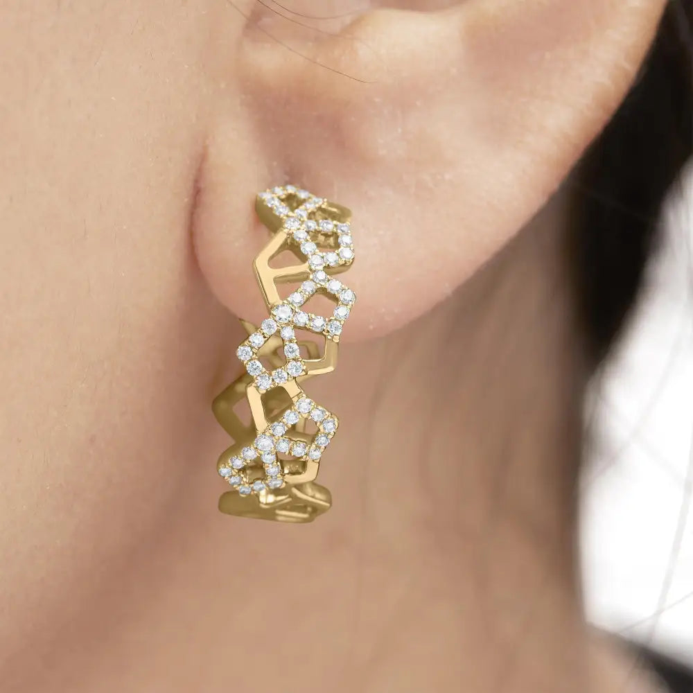 Exquisite 14k Yellow Gold Cttw Diamond Honeycomb Hoop Earrings