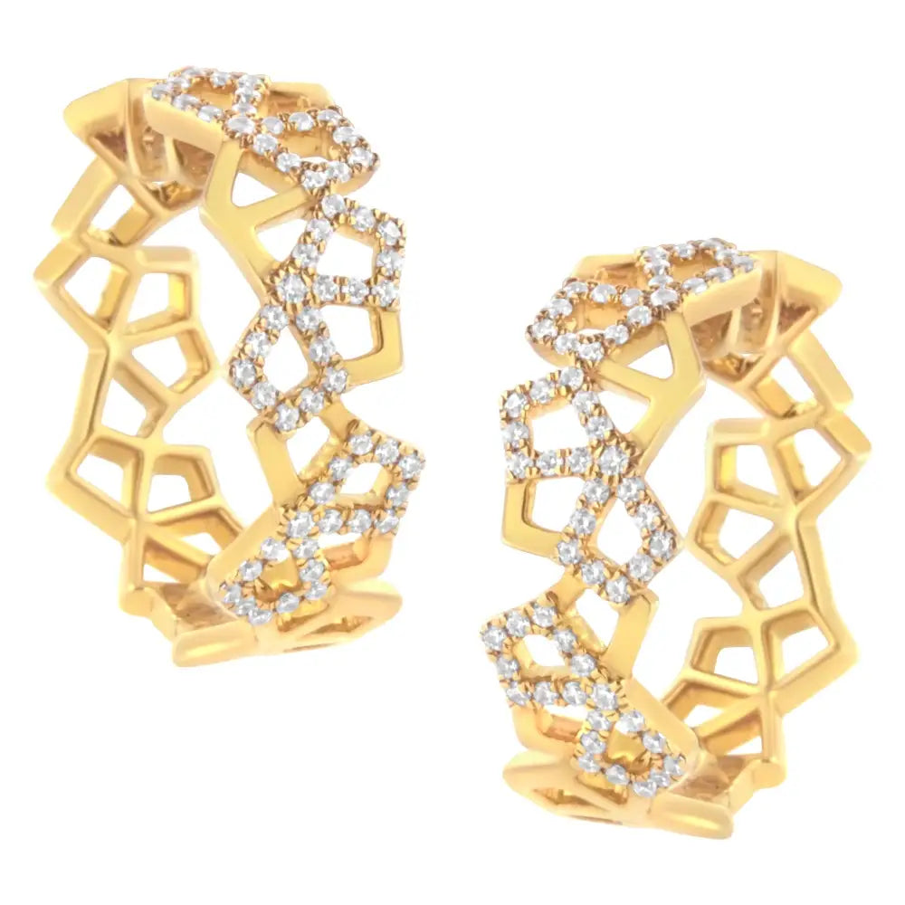 Exquisite 14k Yellow Gold Cttw Diamond Honeycomb Hoop Earrings