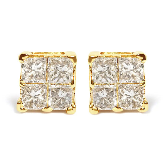 Elegant Princess-cut Diamond Square Stud Earrings – 14k Yellow Gold