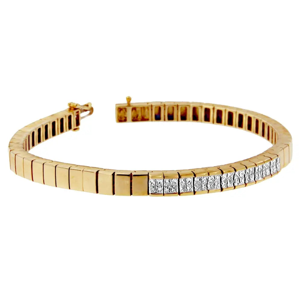 Exquisite 14k Yellow Gold Princess Cut Diamond Banded Bracelet