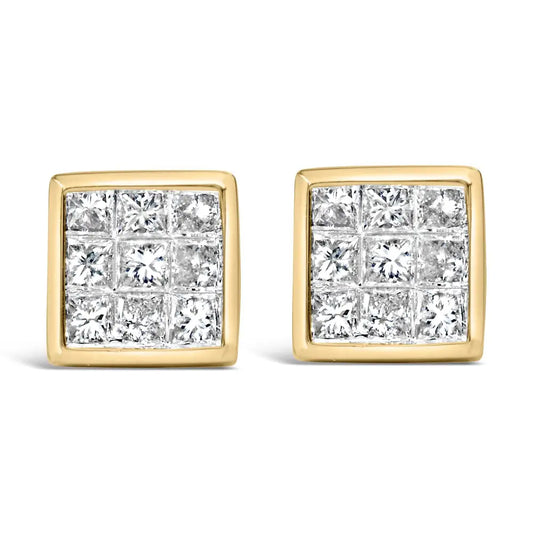 Exquisite 14k Yellow Gold Princess Cut Diamond Composite Stud Earrings