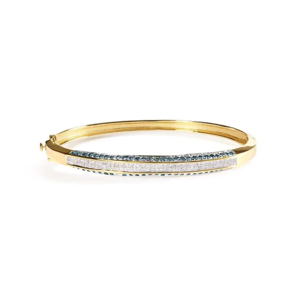 Exquisite 14k Yellow Gold Treated Blue and White Diamond Bangle Bracelet