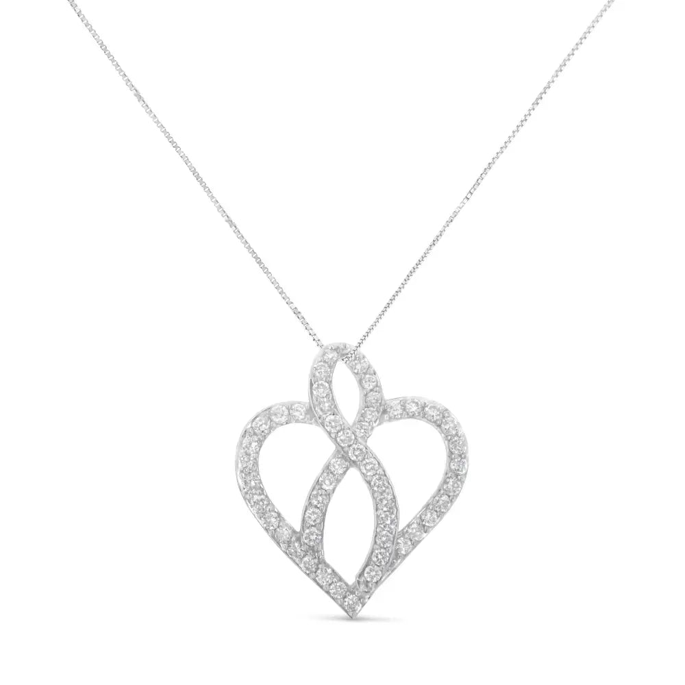 Exquisite 14kt White Gold Cttw Diamond Heart Ribbon Pendant Necklace