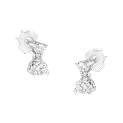 Exquisite 14kt White Gold Cttw Double Diamond Dangle Stud Earrings