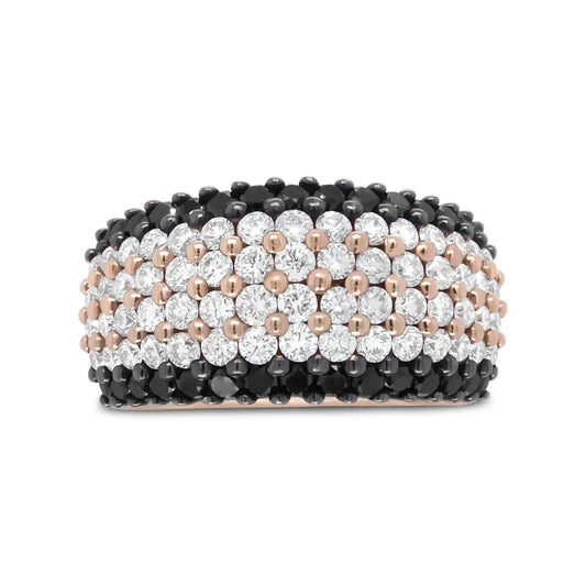 Exquisite 18k Rose Gold 6 Row Band Ring with Cttw Black and White Diamonds