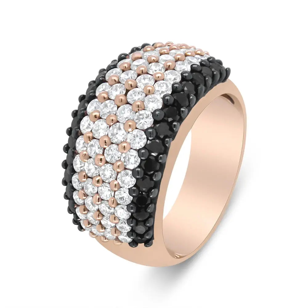 Exquisite 18k Rose Gold 6 Row Band Ring with Cttw Black and White Diamonds