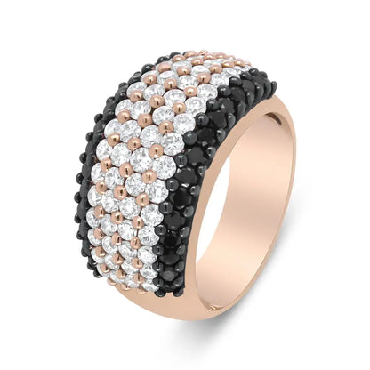 Exquisite 18k Rose Gold 6 Row Band Ring with Cttw Black and White Diamonds