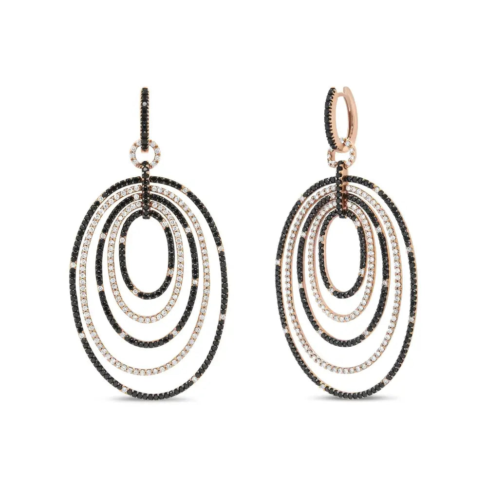 Exquisite 18k Rose Gold Black and White Diamond Graduated Hoop Earrings