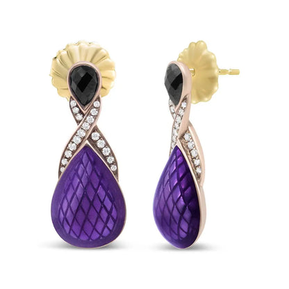 18k Rose Gold Flash Plated.925 Sterling Silver Purple Enamel Onyx Drop Earrings