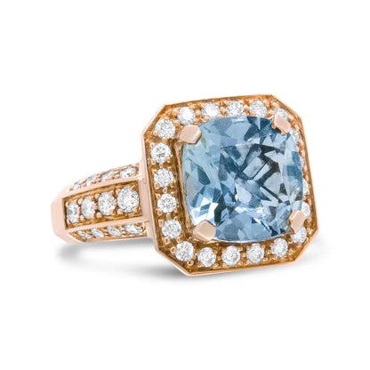 Exquisite 18k Rose Gold Halo Ring with Cushion Shaped Aquamarine