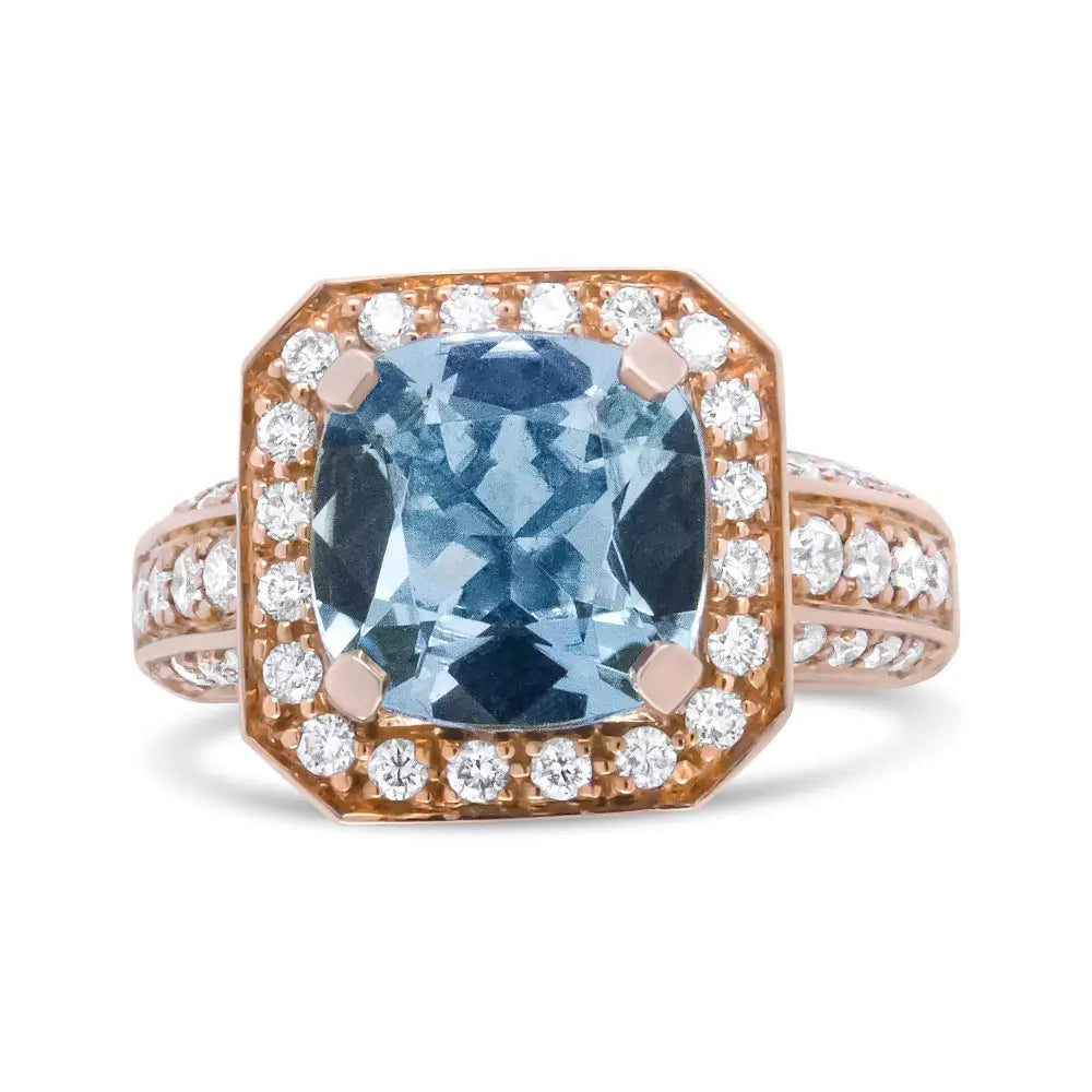 Exquisite 18k Rose Gold Halo Ring with Cushion Shaped Aquamarine