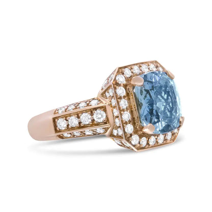 Exquisite 18k Rose Gold Halo Ring with Cushion Shaped Aquamarine