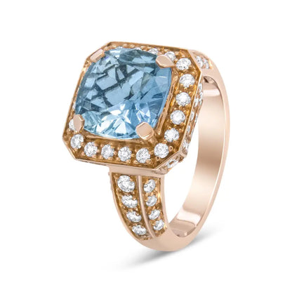 Exquisite 18k Rose Gold Halo Ring with Cushion Shaped Aquamarine