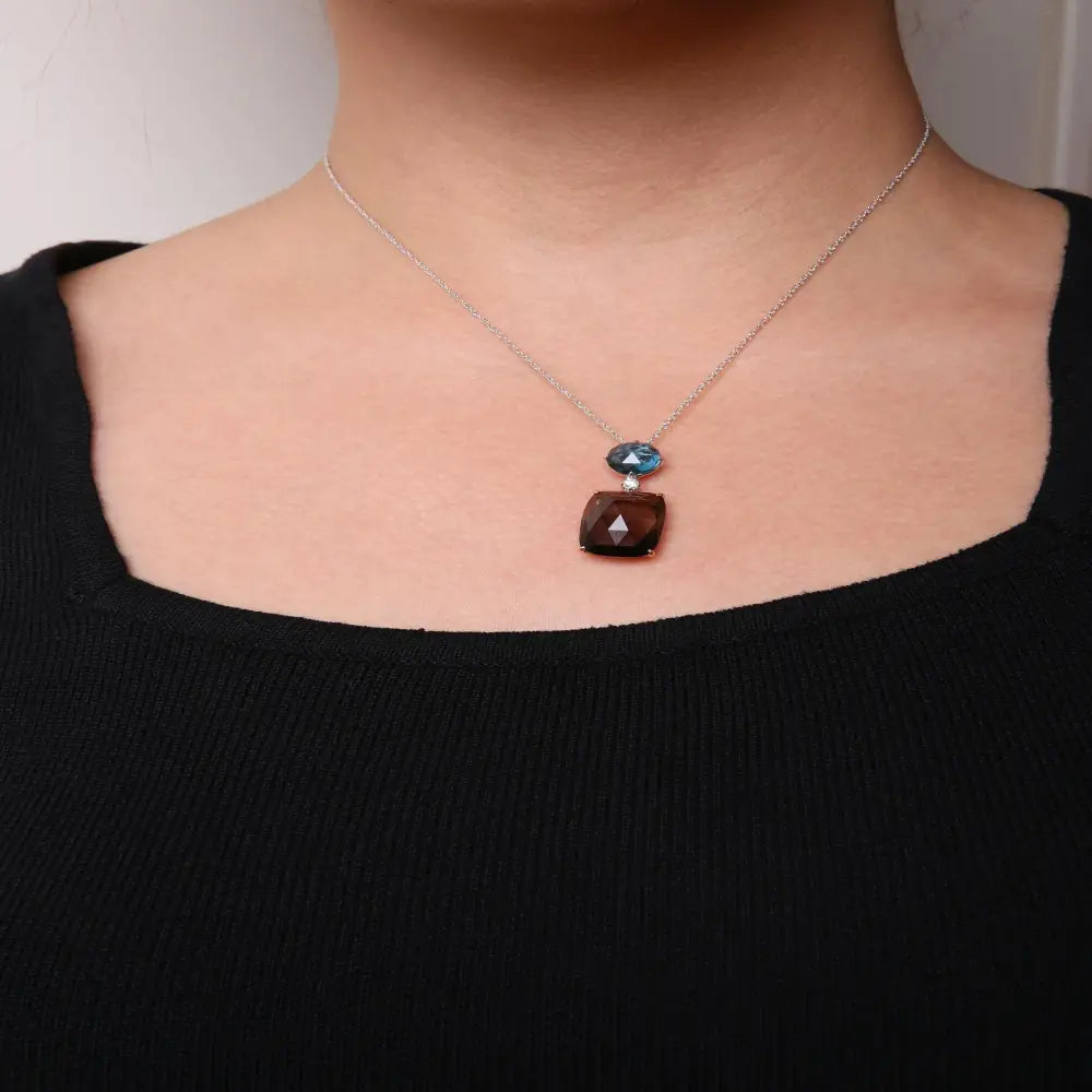 Exquisite 18k Rose Gold Pendant with London Blue Topaz and Smoky Quartz