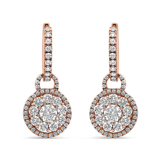 Exquisite 18k Rose Gold Round Shaped Diamond Composite Drop Earrings