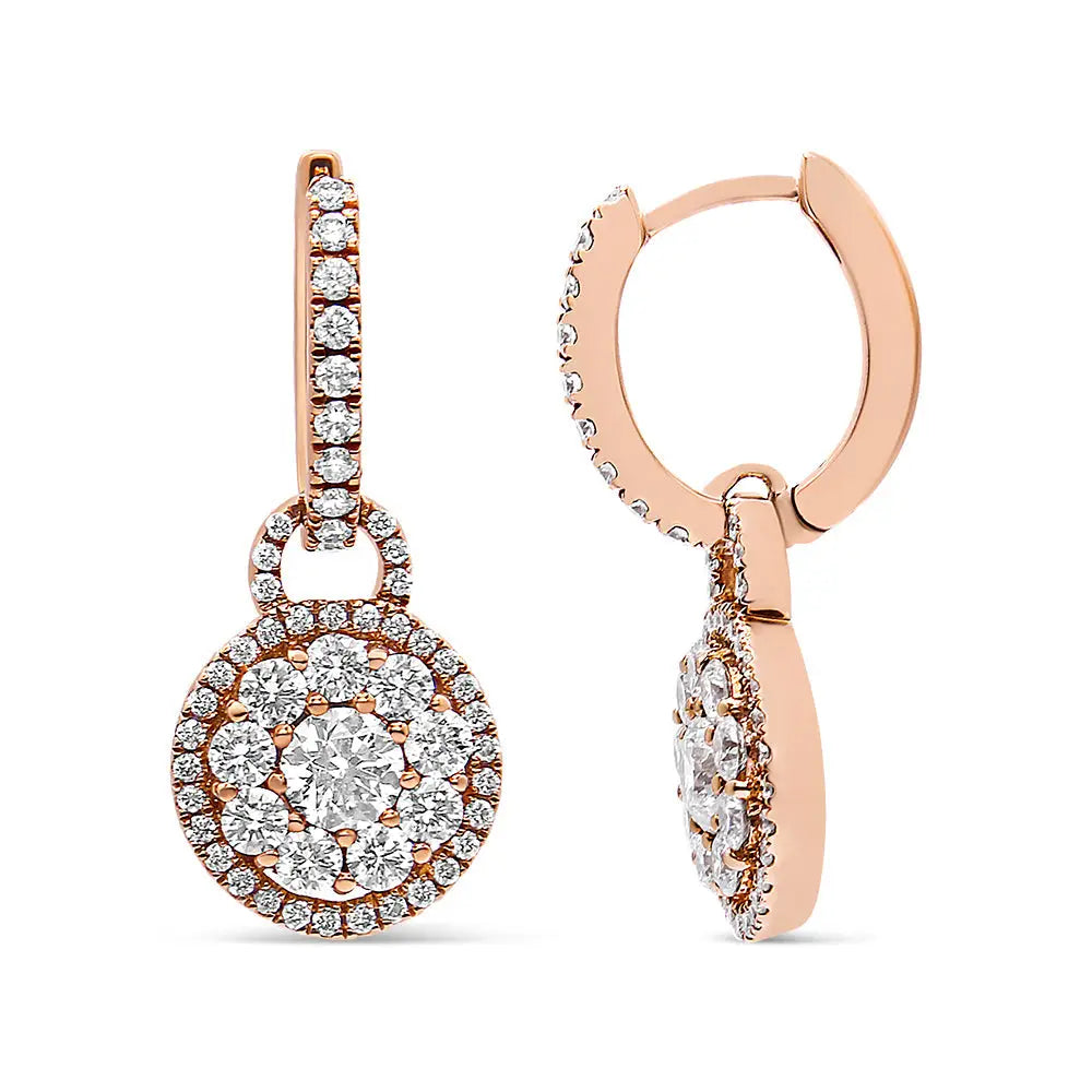 Exquisite 18k Rose Gold Round Shaped Diamond Composite Drop Earrings