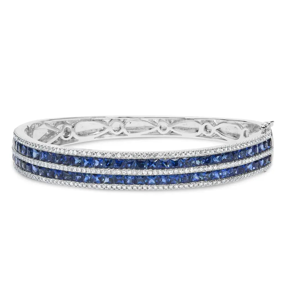 Exquisite 18k White Gold Alternating Diamond and Princess Cut Blue Bangle