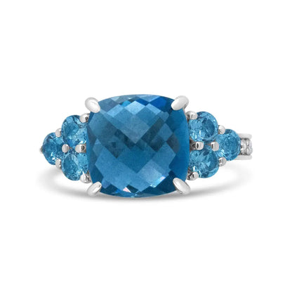 Exquisite 18k White Gold Cushion Shaped Blue Topaz and Diamond Ring