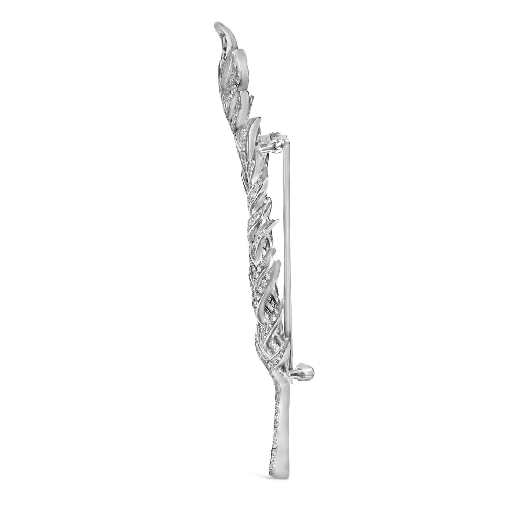 Exquisite 18k White Gold Diamond Feather Brooch for Timeless Elegance