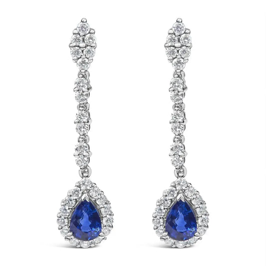 Exquisite 18k White Gold Drop Earrings with Pear Shaped Blue Sapphire