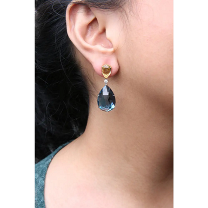 Exquisite 18k White Gold Earrings with Pear Cut Lemon Quartz and London Blue