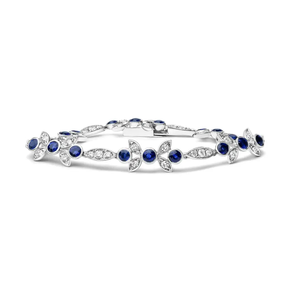 Exquisite 18k White Gold Floral Bracelet with Round Blue Sapphire and Diamonds