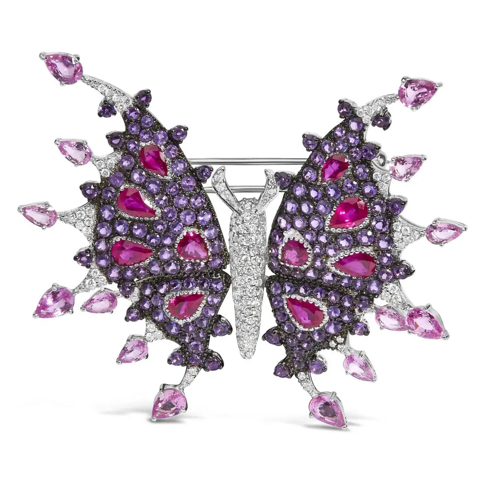 Exquisite 18k White Gold Gemstone Butterfly Brooch with Diamonds and Amethyst