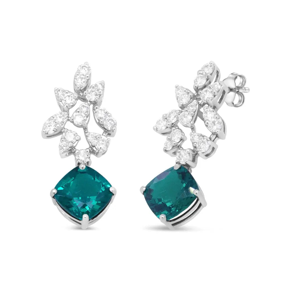 Exquisite 18k White Gold Green Emerald Drop Earrings with Diamonds