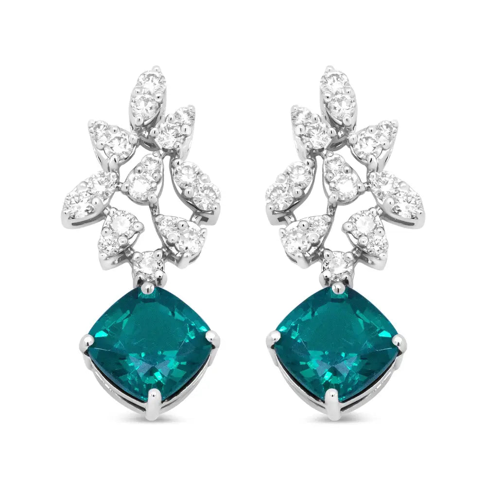 Exquisite 18k White Gold Green Emerald Drop Earrings with Diamonds