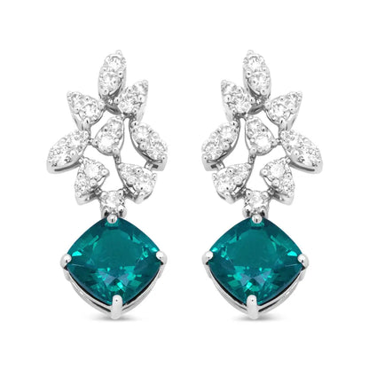 Exquisite 18k White Gold Green Emerald Drop Earrings with Diamonds