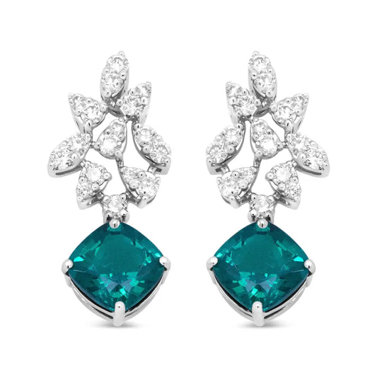 Exquisite 18k White Gold Green Emerald Drop Earrings with Diamonds