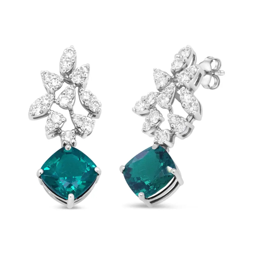 Exquisite 18k White Gold Green Emerald Drop Earrings with Diamonds