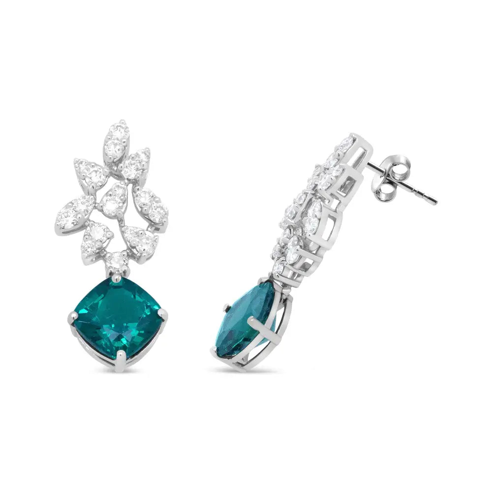 Exquisite 18k White Gold Green Emerald Drop Earrings with Diamonds