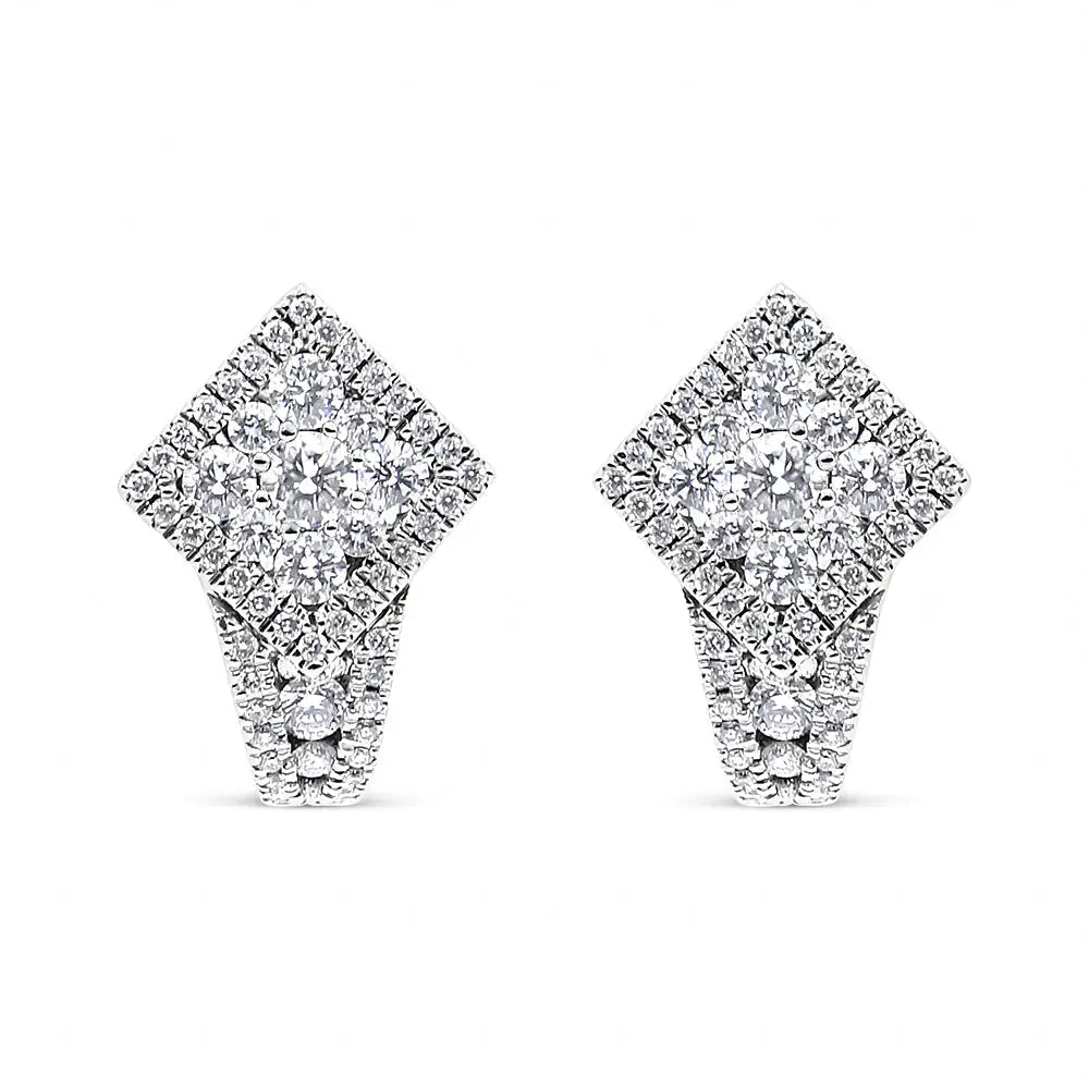 Exquisite 18k White Gold Round Diamond Cluster Halo Hoop Huggie Earrings