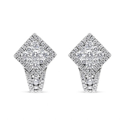 Exquisite 18k White Gold Round Diamond Cluster Halo Hoop Huggie Earrings