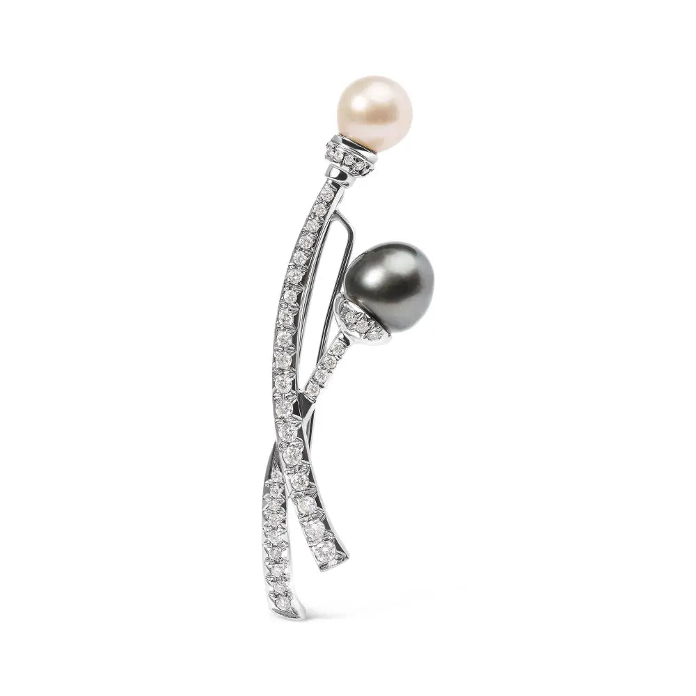 18k White Gold 3/5 Cttw Diamond & Cultured South Sea Pearl Brooch Pin