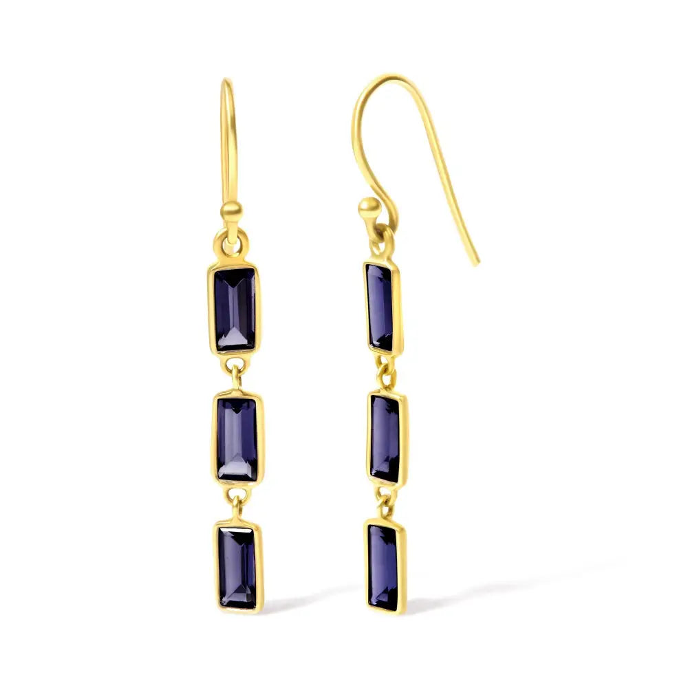 Exquisite 18k Yellow Gold Baguette Iolite Stiletto Dangle Earrings