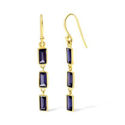 Exquisite 18k Yellow Gold Baguette Iolite Stiletto Dangle Earrings