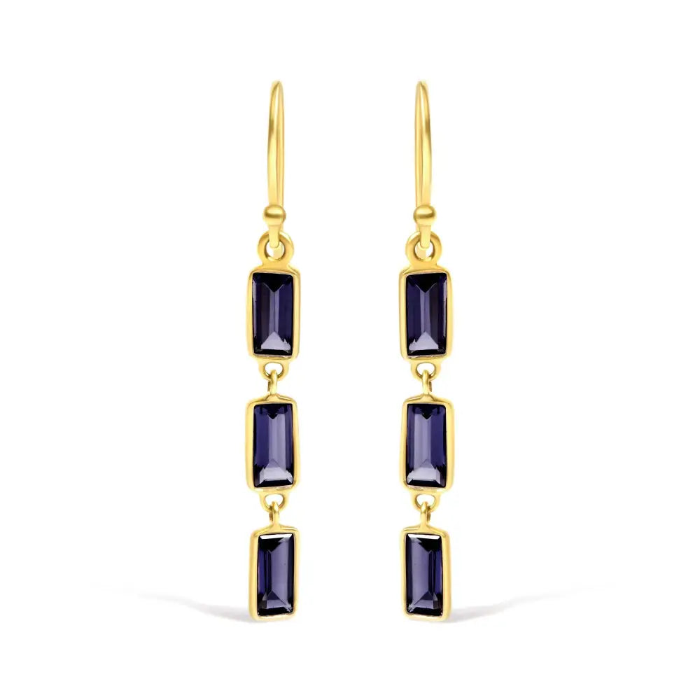 Exquisite 18k Yellow Gold Baguette Iolite Stiletto Dangle Earrings